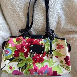 Brighton Floral Canvas Shoulder Bag in Pink, Red, Green with Black Trim
